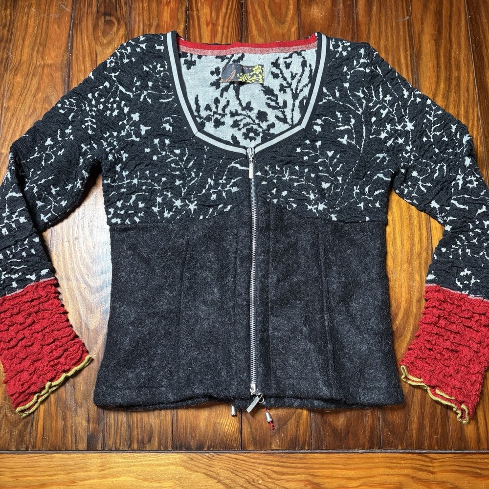 Eva Claudi Black White Floral Red Ruffle Wool Zip Sweater Sz S A1247